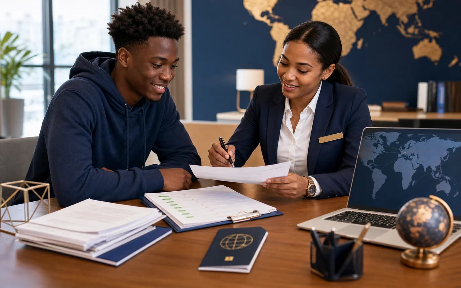 Student and consultant reviewing admissions and study visa documents in a modern travel consultancy office.
