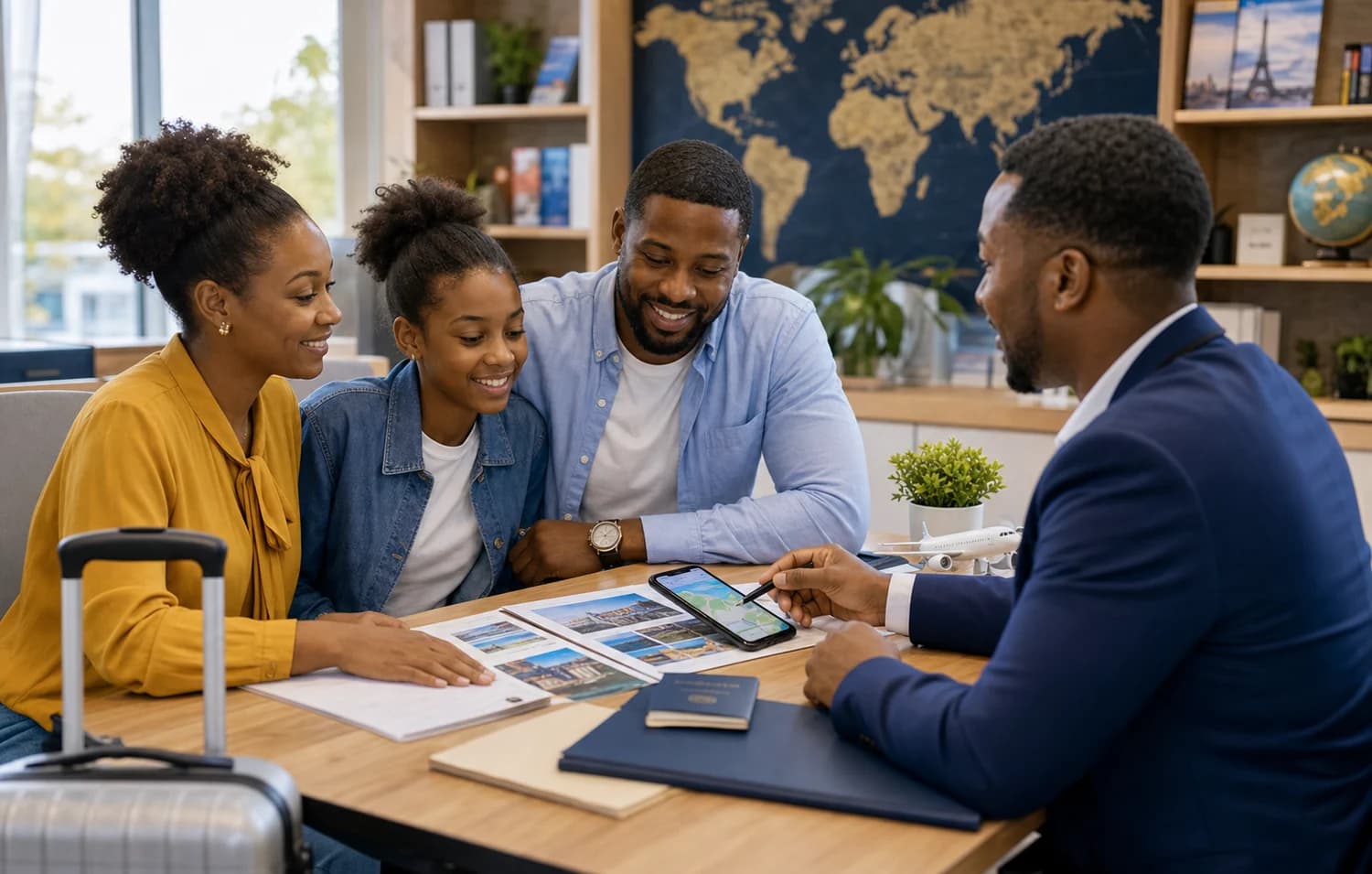 Family planning a visitor trip with a consultant around passports, itinerary pages, and a map on a phone.