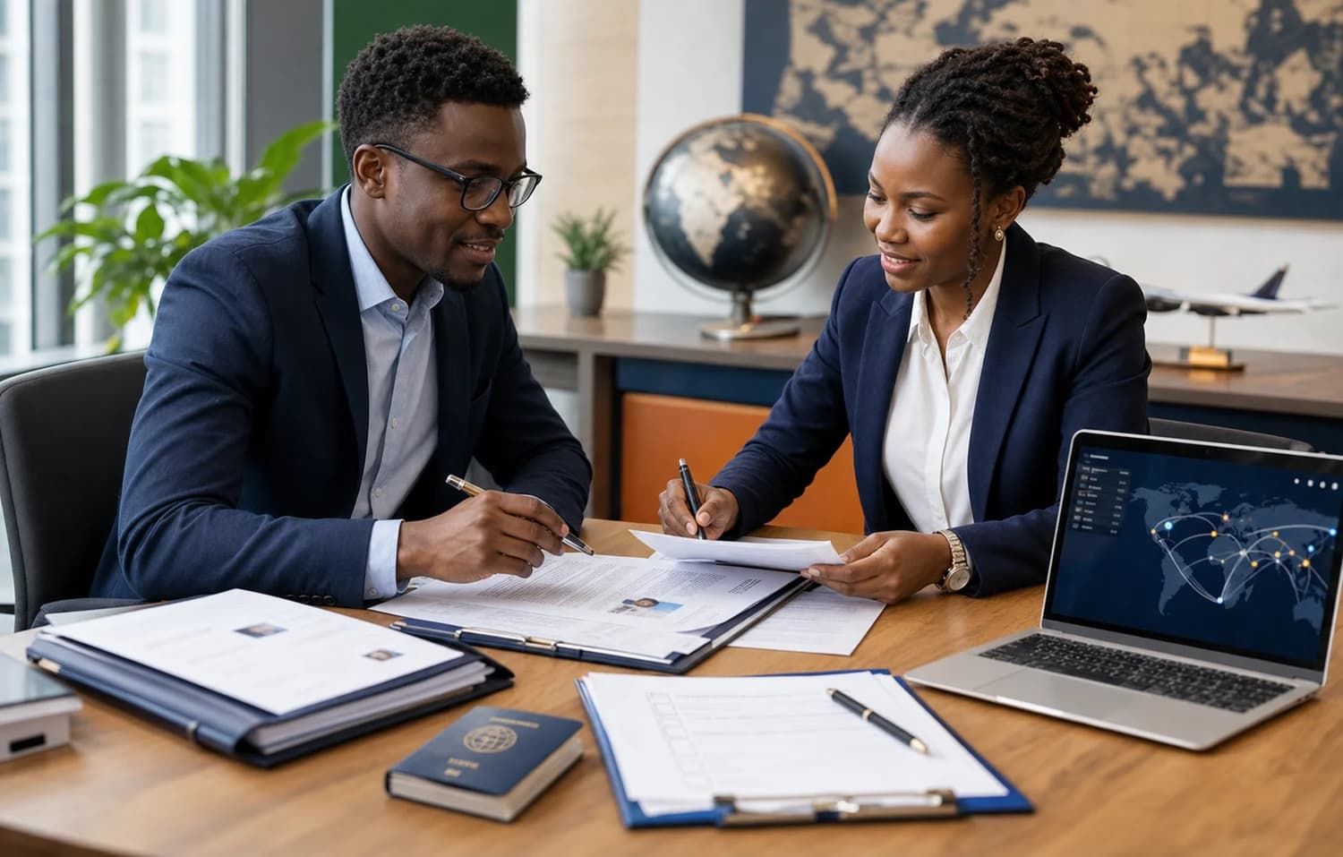 Professional and consultant reviewing CV, work documents, passport, and international route planning on a laptop.