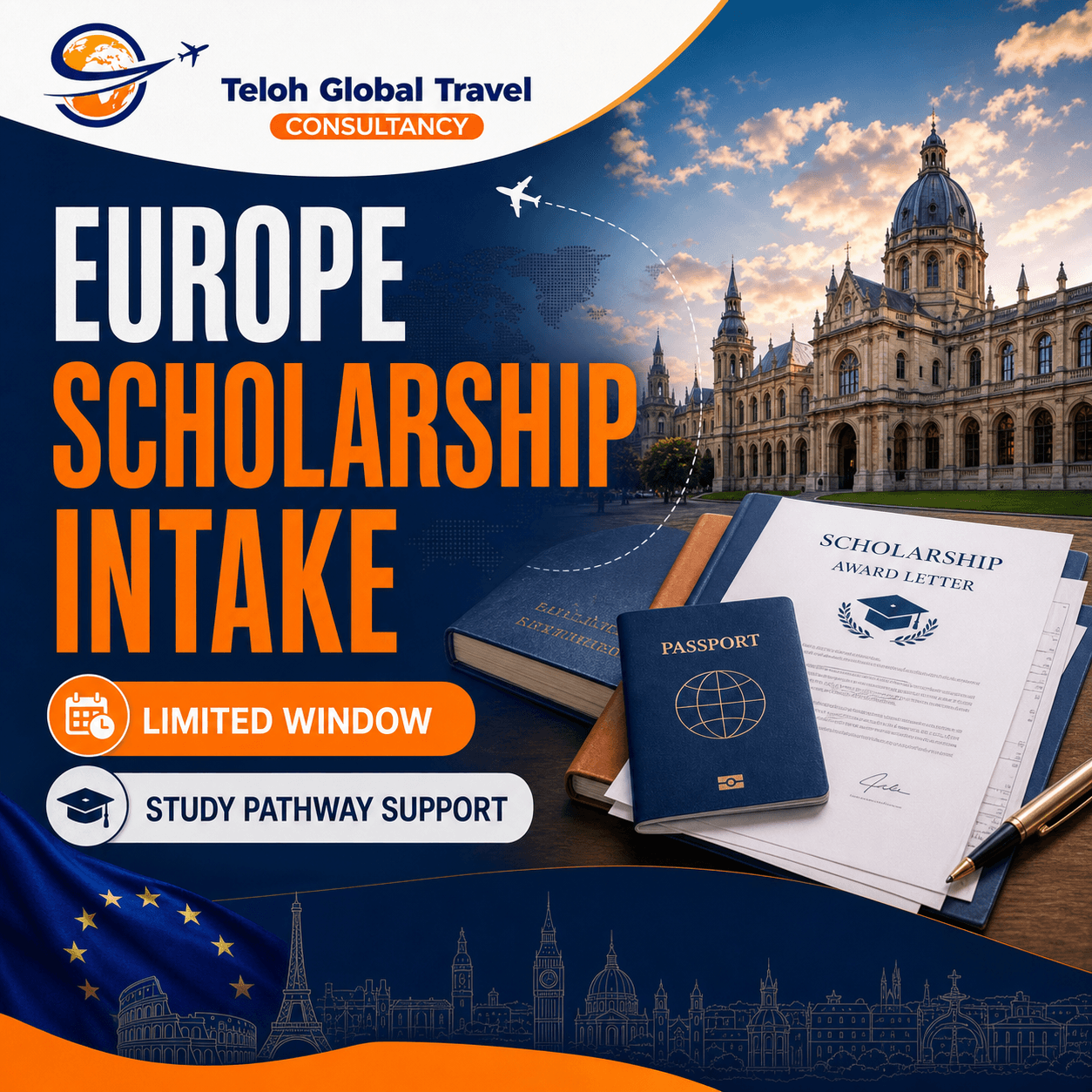 Europe scholarship intake promotion flyer with scholarship award letter, passport, and European campus architecture.