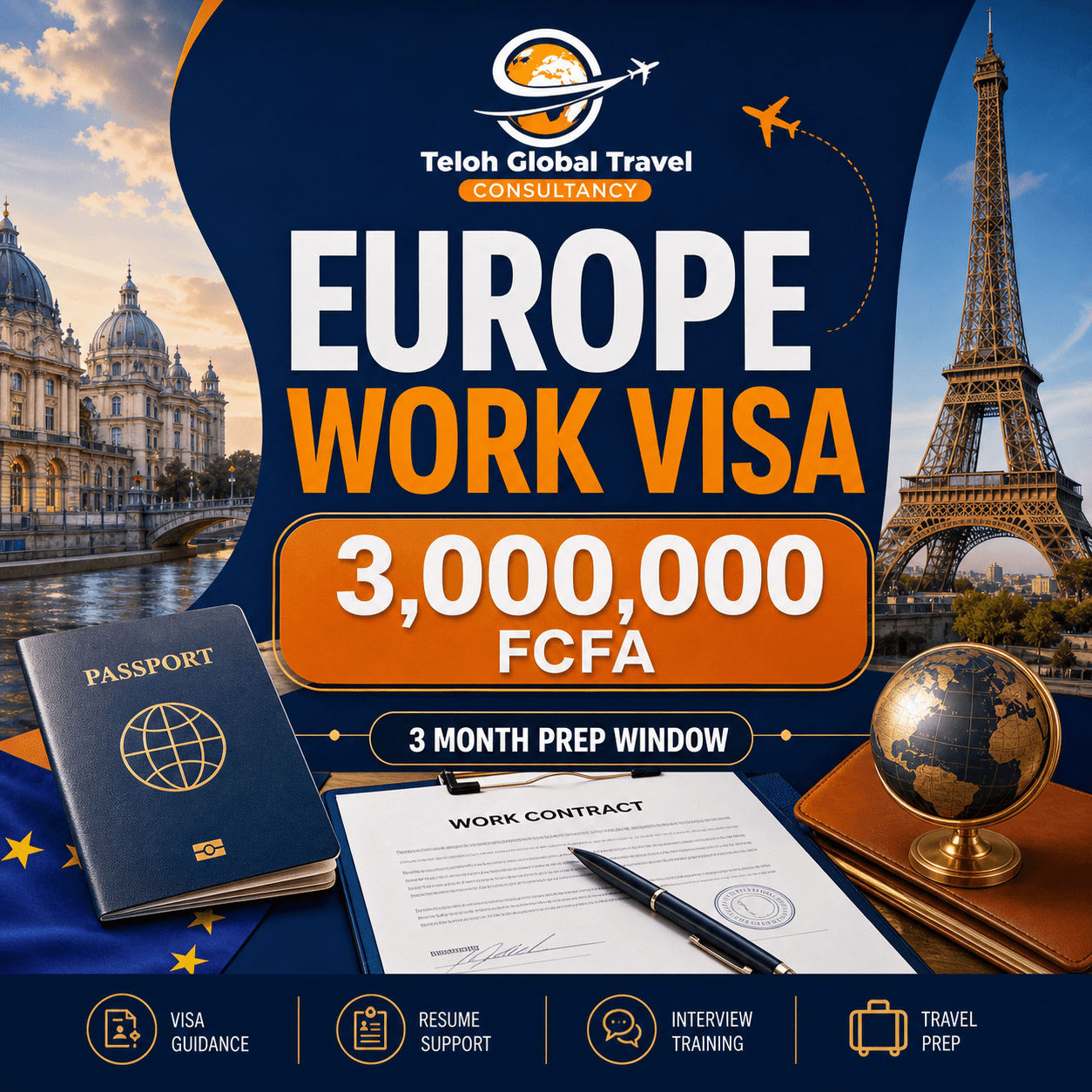 Europe work visa promotion flyer with passport, work contract, Eiffel Tower, and travel documents.
